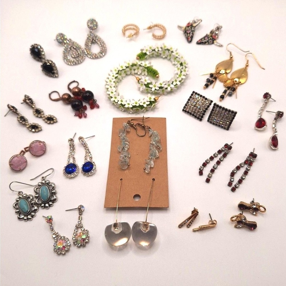 Pierced earrings lot of 19 drop dangle hoops on ear rhinestones cabochons tone